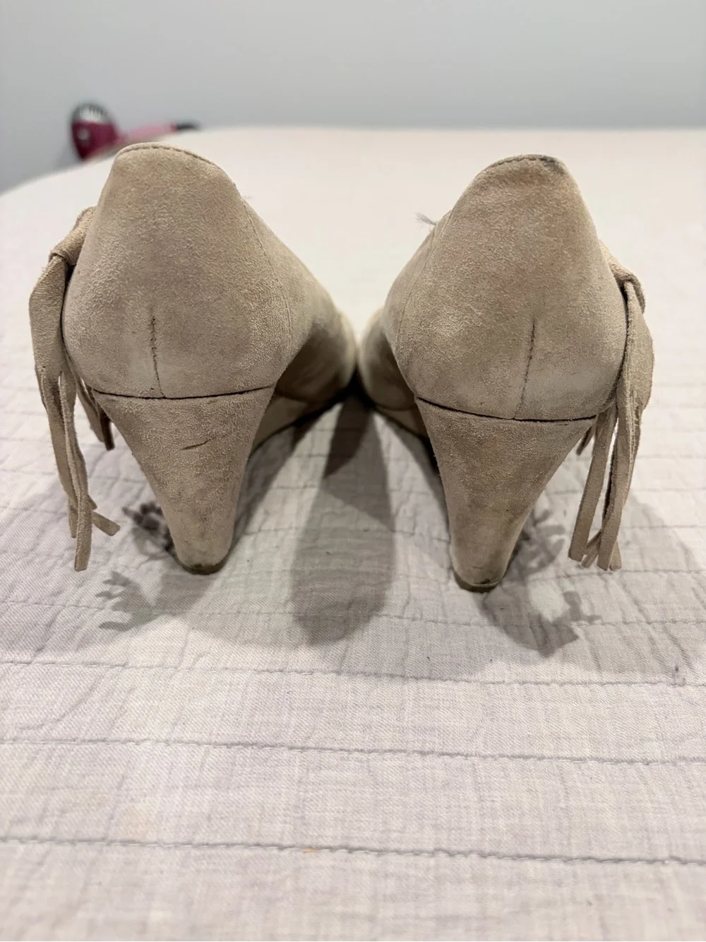 Franco Sarto Beige Suede Fringe Wedge Heels Pointed Toe Pumps Size 7.5